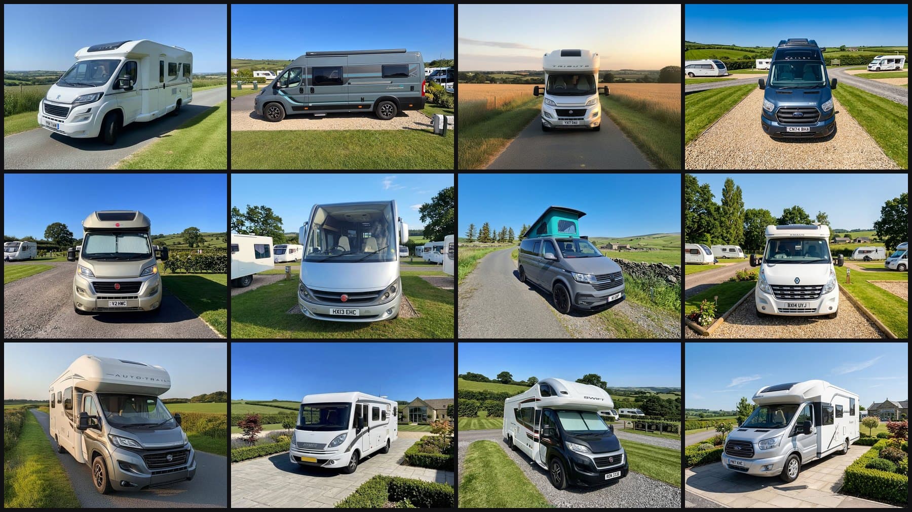 A collage of twelve motorhomes and campervans advertised for sale on Motorhome Pig, including coachbuilt models, an A-class and several van conversions