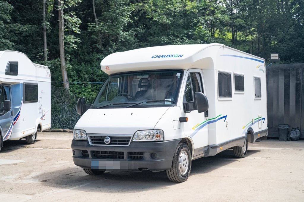 The Chausson Welcome 85 parked among other motorhomes on the hardstanding at Motorhome Pig's Halifax site (number plate digitally obscured)