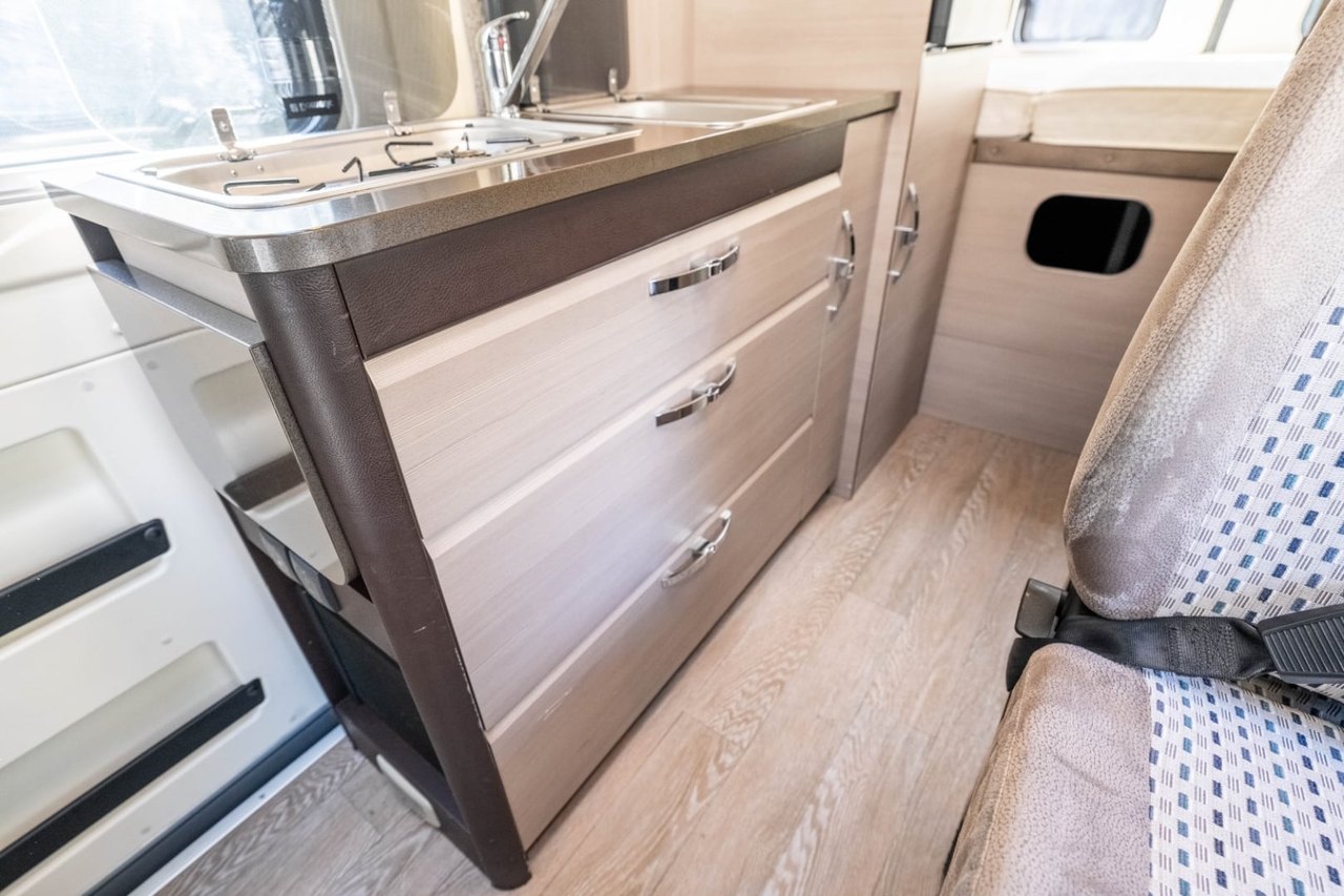 Interior storage and worktop of the Hobby Vantana with drawers and a sink