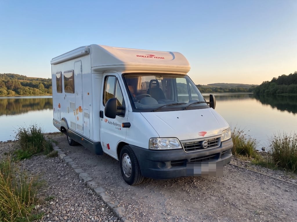 A white 2004 Roller Team Auto-Roller 15 coach-built motorhome parked on gravel beside a still loch at golden hour in Argyll, Scotland (number plate digitally obscured)