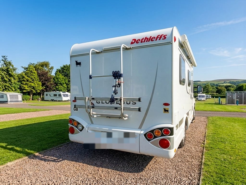 Rear view of the white Dethleffs Globebus with a bike rack, parked on a sunny grass-and-gravel campsite pitch with green hills behind (number plate digitally obscured)