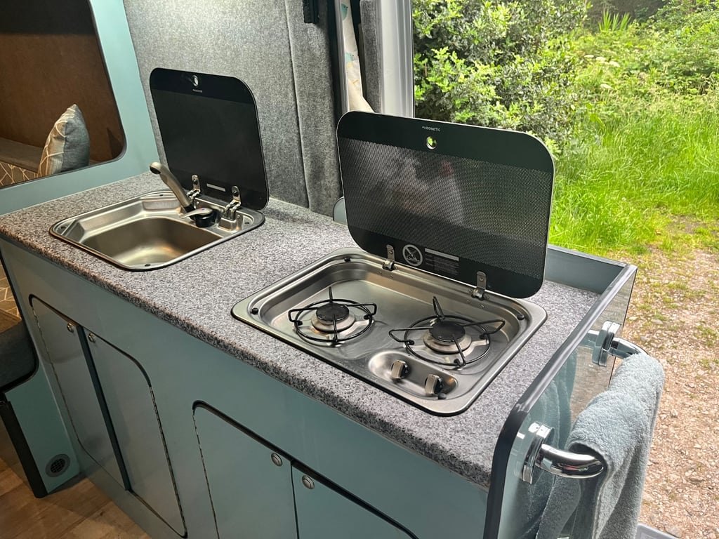 The campervan's kitchen unit with a stainless steel sink and two-ring gas hob, photographed with the window open onto greenery